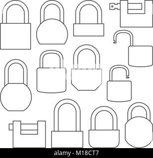 Serrures des icônes de différentes formes de lignes fines, isolé sur fond blanc. Télévision, style vector illustration. Illustration de Vecteur