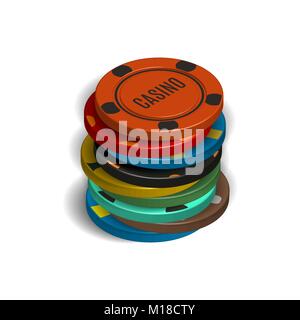 Divers pile de jetons de casino, isolé sur fond blanc. 3D isométrique, style vector illustration. Illustration de Vecteur