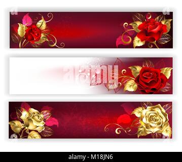 Trois bannières horizontales avec le rouge et or bijouterie roses avec feuilles d'or. Roses d'or. Conception avec roses. Illustration de Vecteur