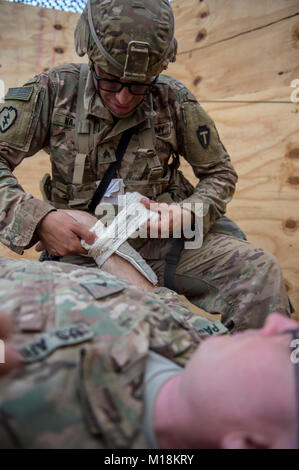 Un soldat de l'Armée américaine affecté à la Force opérationnelle interarmées - Corne de l'Afrique s'enroule un bandage autour de la simulation d'une blessure de brûler un blessé pendant la formation pour un expert Infantryman Badge (BEI) Évaluation au Camp Lemonnier, Djibouti, le 24 janvier 2018. La BEI est une des compétences particulières d'un insigne qui exige de l'infanterie à passer cinq jours d'évaluation qui se compose d'un test de condition physique de l'armée, jour et nuit, la navigation terrestre, une marche forcée de 12 km, et 30 tâches individuelles couvrant les armes, medical, patrouille de sécurité et de compétences. En avril 2016 une itération de la BEI au Camp Lemonnier, seulement 15  % des c Banque D'Images