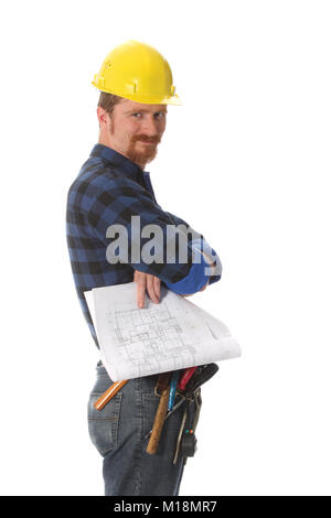 Construction Worker with plans architecturaux sur fond blanc Banque D'Images