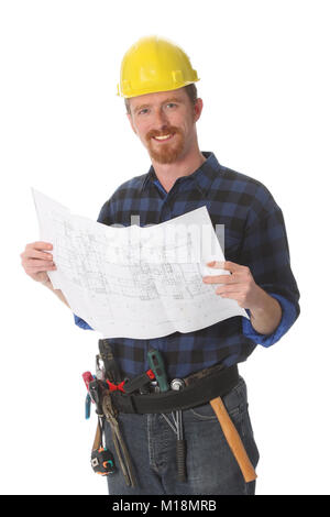 Construction Worker with plans architecturaux sur fond blanc Banque D'Images