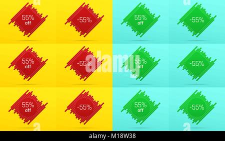 Vente de création bannière avec 55 % de réduction. Offre de prix sur l'arrière-plan composé de tuiles avec rouge métallique et de couleur verte. Vector Set de vente Bad Illustration de Vecteur