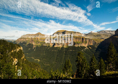 Mondarruego, Punta Gallinero & Monte Perdido (droite) au-dessus de la vallée d'Ordesa pics's North Rim. Parc National d'Ordesa ; Pyrénées ; Aragon ; Espagne Banque D'Images