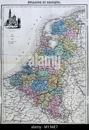 Carte Migeon 1877 - Pays-Bas - Belgique Luxembourg Hollande Amsterdam Bruxelles Banque D'Images