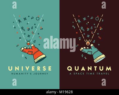 C'est une main qui tient un atome spaceman représentant l'espace et les galaxies Illustration de Vecteur