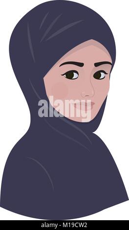 Portrait de belle femme arabe musulmane en foulard hijab violet foncé. Illustration de Vecteur