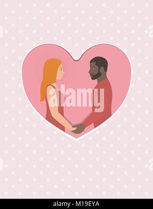 Carte de souhaits pour Happy Valentines Day, 14 février. Homme barbu avec une belle femme rousse, heureux couple multiracial dans l'amour, se tenant la main et regarder dans d'autres yeux. Illustration de Vecteur