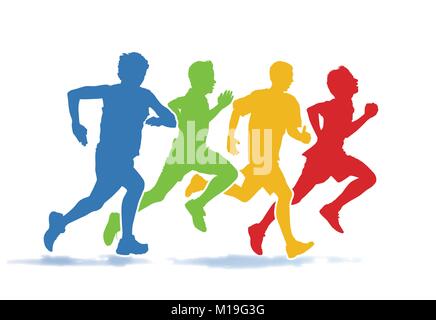 Groupe coloré de quatre jeunes hommes s'exécutant dans la course sur le fond blanc. Illustration de Vecteur