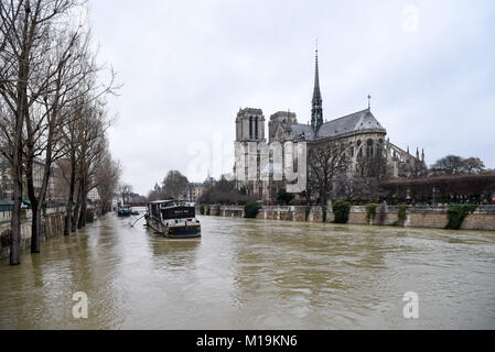 Paris. 28 janvier, 2018. Photo prise le 28 janvier 2018 montre la Seine près de l'église Notre-Dame de Paris, France. La seine, qui traverse Paris, a continué d'augmenter le dimanche et ont conduit à l'évacuation d'environ 1 500 personnes en Ile-de-France dont la capitale française et les zones environnantes, selon la police de Paris. Crédit : Chen Yichen/Xinhua/Alamy Live News Banque D'Images