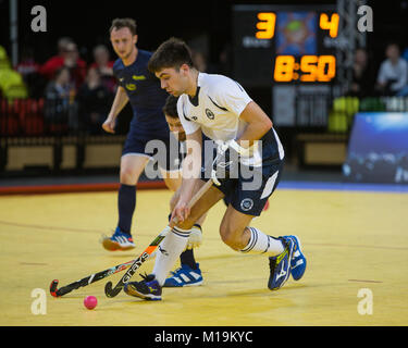 Londres, Royaume-Uni. 28 janvier, 2018. Men's Jaffa Super 6s finales à la boîte de cuivre Arena. Finale chez les hommes : Bowdon 2 Leicester 1 Crédit : Peter Smith/Alamy Live News Banque D'Images