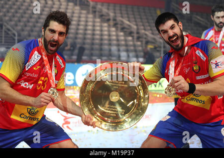 (C) LAURENT / LAIRYS LEMOUSTICPRODUCTION / MAXPPP - à Zagreb le 28-01-2018 - CHAMPIONNAT D'EUROPE (MATCH POUR LA 1ERE PLACE) EQUIPE D'ESPAGNE CONTRE L'EQUIPE DU DAIM - Banque D'Images