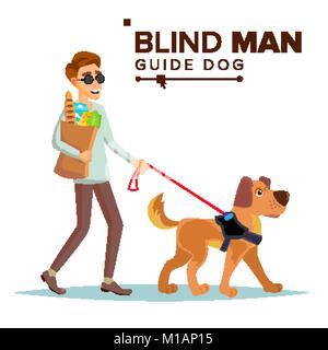 Vecteur d'aveugle. Personne à l'animal de compagnie. Personne aveugle en lunettes noires et chien-guide la marche. Personnage isolé Illustration Illustration de Vecteur