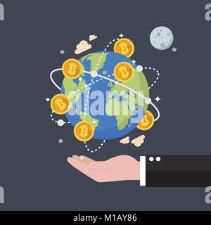 Bitcoin Cryptocurrency Réseau mondial de la technologie. Businessman holding globe de la terre. Style plat vector illustration Illustration de Vecteur