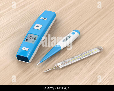 Différents types de thermomètres médicaux sur fond de bois Banque D'Images