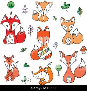 Jeu de doodle mignon renards dans un style simple. Illustrations vectorielles collection scandinave Illustration de Vecteur