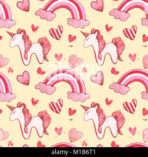 Les modèles sans couture avec UNICORN. Ensemble d'éléments d'Aquarelle rose pour la Saint Valentin. Éléments de conception d'album. Typographie poster, carte, étiquette, design de bannières. Banque D'Images