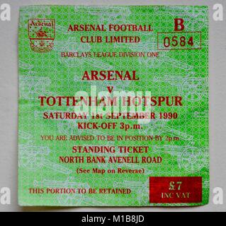 Ticket pour arsenal contre Tottenham Hotspur sep 1st 1990 une division de Barclays Banque D'Images