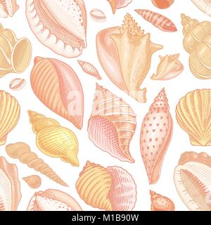 Modèle sans couture, coquilles ou mollusques différentes formes. créature marine. gravés à la main dans de vieux croquis, vintage style. milles marins ou marine, Monster ou l'alimentation. les animaux dans l'océan. Illustration de Vecteur