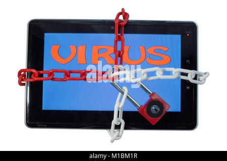 Le meilleur de l'ordinateur de verrouillage sécuritaire, comme la protection contre les virus. Sur un fond blanc est lié par un comprimé blanc - rouge chaîne qui est verrouillé avec un red padlo Banque D'Images