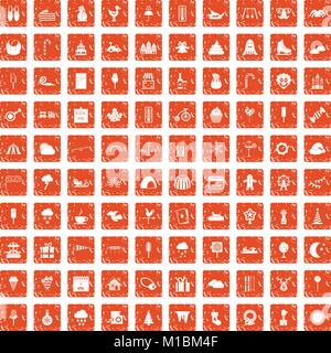 100 parties de childrens icons set grunge orange Illustration de Vecteur