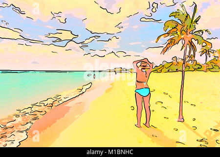 Femme en maillot de bain, debout sur le sable jaune sur l'océan bleu azur plage avec ciel bleu avec des nuages, près de l'arbre de noix de coco verte Banque D'Images