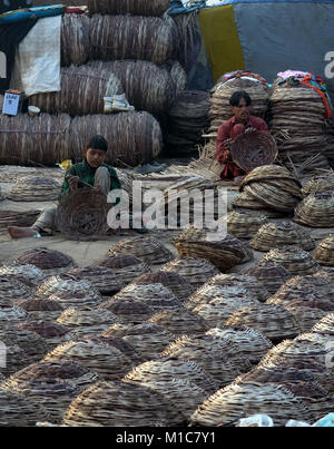 Lahore, Pakistan. 29 janvier, 2018. Famille gitane pakistanais est occupé à préparer le panier traditionnel de branches sèches. Le tissage de paniers est aussi vieux que l'histoire de l'homme. Des traces de paniers ont été trouvés dans les pyramides égyptiennes, et les chemises panier tissé ont laissé leurs impressions à l'intérieur des fragments de poteries anciennes. Credit : Rana Sajid Hussain/Pacific Press/Alamy Live News Banque D'Images