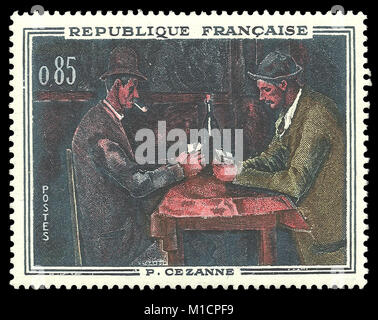 France - timbres en 1961 : Couleur edition sur l'art dans le musée d'Orsay, La peinture montre les joueurs de cartes de Paul Cézanne Banque D'Images