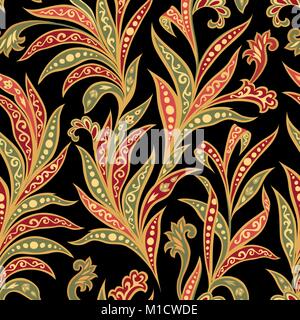 Transparente avec motif floral fleurs et feuilles sur fond noir. Tissu fond ornemental arabe. Design Floral décor oriental ethnique Illustration de Vecteur