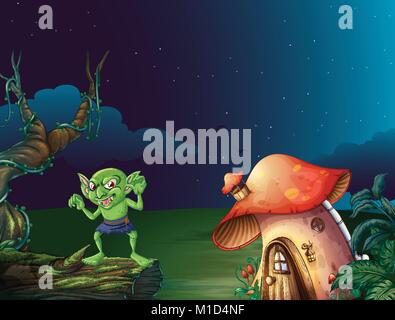 Monstre vert par mushroom house la nuit illustration Illustration de Vecteur