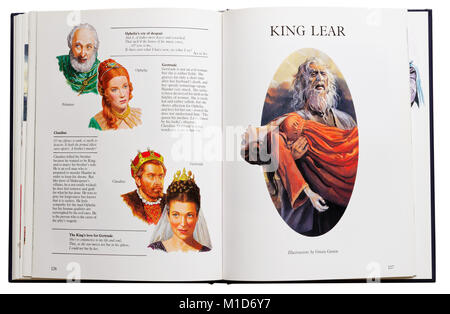 Un livre illustré de pièces de Shakespeare s'ouvrir à des personnages de Hamlet et Le Roi Lear Banque D'Images
