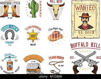 Jeu de Cowboy badges. Wild West, rodéo ou d'indiens avec lasso. hat et fusil, sheriff star, démarrer avec horseshoe. gravés à la main dans de vieux croquis ou et vintage style et des étiquettes pour impression. logo ou emblème. Illustration de Vecteur