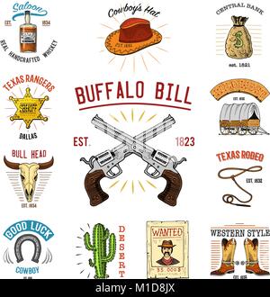 Jeu de Cowboy badges. Wild West, rodéo ou d'indiens avec lasso. hat et fusil, sheriff star, démarrer avec horseshoe. gravés à la main dans de vieux croquis ou et vintage style et des étiquettes pour impression. logo ou emblème. Illustration de Vecteur