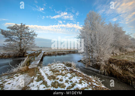 Passerelle en bois sur le canal gelé avec passerelle dans la province de Drenthe aux Pays-Bas sur un matin froid Banque D'Images