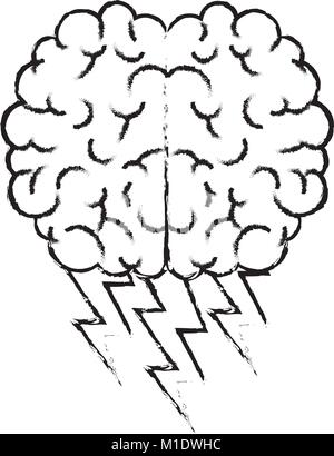 Cerveau en vue de dessus avec des éclairs en noir contour flou Illustration de Vecteur