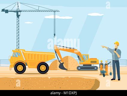 Pelle et dumper de sable sur le site de construction Illustration de Vecteur