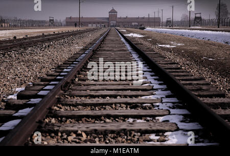 Vue en perspective de l'intérieur d'Auschwitz II - Birkenau le long de la voie de chemin de fer à l'entrée et la tour de la porte. Banque D'Images