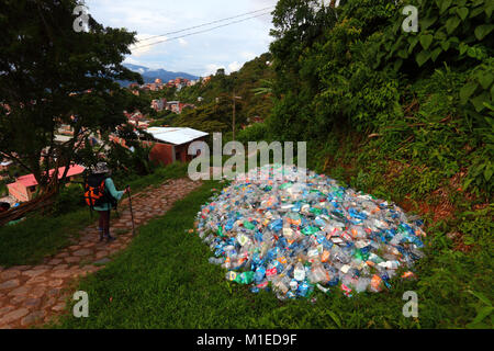 Balades touristiques cours des tas de bouteilles en plastique aplati dans la végétation sous-évaluées en regard de sentier, Coroico, yungas, Bolivie Banque D'Images