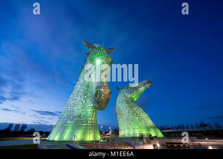 Vue de la nuit , Kelpies grandes sculptures de chevaux, à l'Hélix Park à Falkirk, Ecosse, Royaume-Uni Banque D'Images