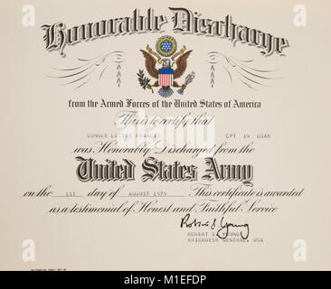 Certificat de libération honorable de l'Armée US, USA Banque D'Images
