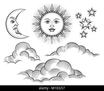 Le soleil, la lune et les nuages la gravure. L'éraflure ou rétro gravé la lune et le soleil visages célestes dans l'illustration vectorielle style vintage Illustration de Vecteur