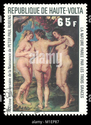 Haute-Volta - timbres en 1977 : Edition de couleur sur l'art, la peinture montre les Trois Grâces par Peter Paul Rubens Banque D'Images