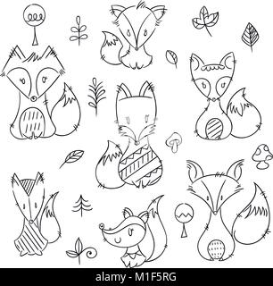 Jeu de doodle mignon renards dans un style simple. Illustrations vectorielles scandinavian collection. Éléments à colorier Illustration de Vecteur