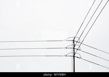 Le télégraphe ou les lignes d'alimentation avec un pôle singel dans un champ couvert de neige d'un blanc pur. Banque D'Images