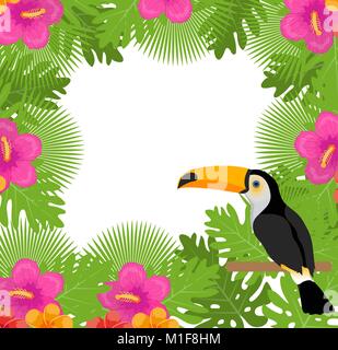 Cadre tropical avec des fleurs, des plantes et d'oiseaux toucan. Modèle floral d'été pour votre conception. Fond exotiques. Vector illustration. Illustration de Vecteur