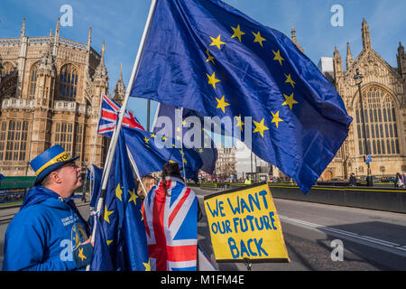 Londres, Royaume-Uni. 30 janvier, 2018. Steve Bray, 48, de Port Talbot mène une protestation contre tous les jours Brexit -avec d'autres partisans de rester dans l'UE (en vertu de la SODEM - temps de l'action bandeau) intensifier leur protestation devant les Chambres du Parlement que les seigneurs de la Loi et examen Brexit reamins le premier ministre sous la pression de son arrière-ban. Crédit : Guy Bell/Alamy Live News Banque D'Images