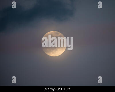 Londres, Royaume-Uni. 30 janvier 2018. 98 % Lune gibbeuse dans ciel nuageux au-dessus de Londres un jour avant de Supermoon. Une éclipse lunaire totale le 31 janvier sera visible depuis l'Amérique du Nord et en Asie. Credit : Malcolm Park/Alamy Live News. Banque D'Images