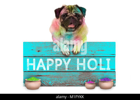 Festival de couleurs superbe chiot pug dog, couvert de poudre de couleur, suspendu à signer avec happy Holi, isolé sur fond blanc Banque D'Images