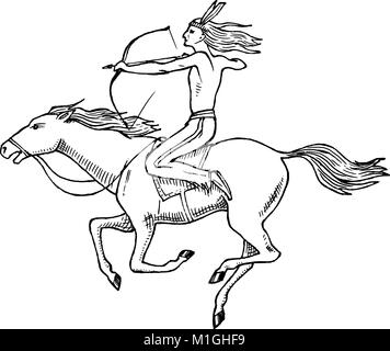 National American Indian équitation cheval avec lance à main.. l'homme traditionnel à la main gravée dans de vieux croquis. Illustration de Vecteur