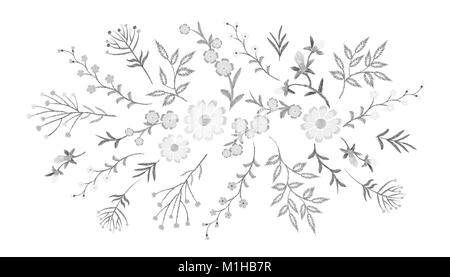 Broderie motif floral de dentelle blanche de petites branches d'herbes sauvages avec peu de bleu violet fleur de champ. Folk traditionnel orné le correctif de mode arrière-plan noir encolure design vector illustration Illustration de Vecteur